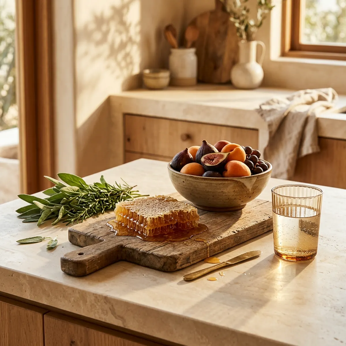 Sunlit kitchen counter with honeycomb, fruit, herbs and a glass of water